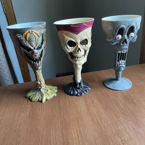 Lot of 3 Skull /Skeleton / Scarecrow Halloween Wine Goblets Drinking Glasses